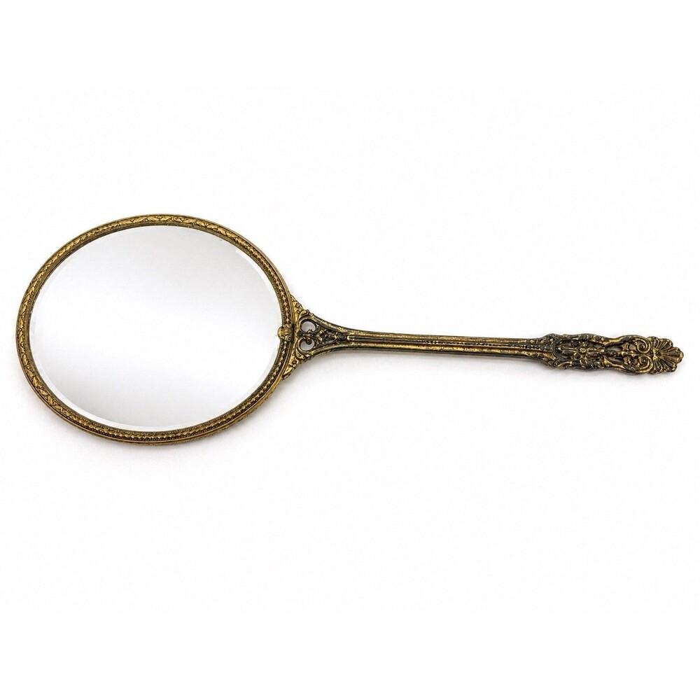 Vintage Gold Ornate Hand Mirror Vanity Mirror Floral Yellow Velvet Back